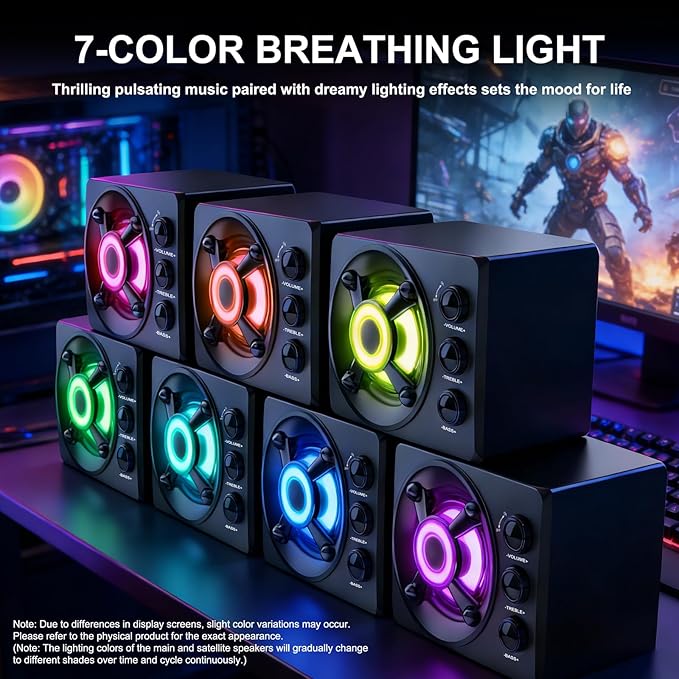 D-208 Computer Speakers with Subwoofer 2.1 Hi-Fi PC Speakers System with RGB Lighting  Enhanced Bass Plug and Play USB/USB-C Powered and 3.5mm Aux in for Desktop Monitor Laptop Tablet (Black)