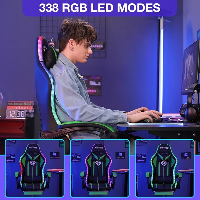 Gaming Chair Massage with LED RGB Lights and Footrest Ergonomic Computer Chair High Back Video Game Chair with Adjustable Lumbar Support Linkage Armrest Green and Black