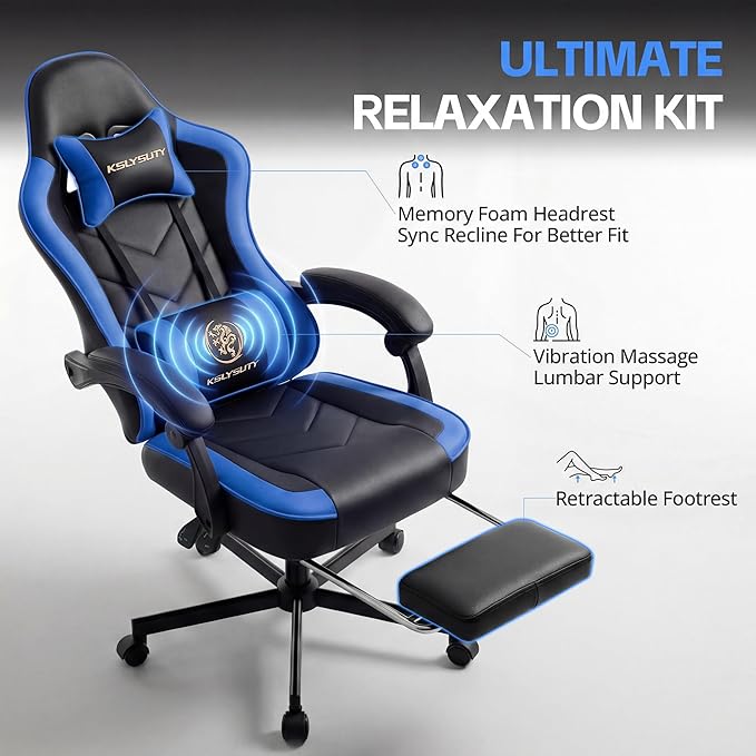 Desk Computer Gaming Chair - High Back Ergonomic Office Chair with Footrest and Lumbar Support Swivel Comfy Home Gamer Video Game Chairs with Pocket Spring Cushion for Adults (Blue Leather)