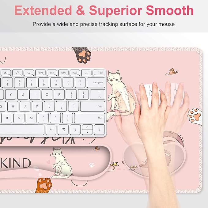 Large Gaming Mouse Pad Set Pink Cats Ergonomics Keyboard Desk Mat with Memory Foam Wrist Rest Extended Game Mousepad Non-Slip Desk Pad Matt Easy Typing Pain Relief I Be Kind to Yourself