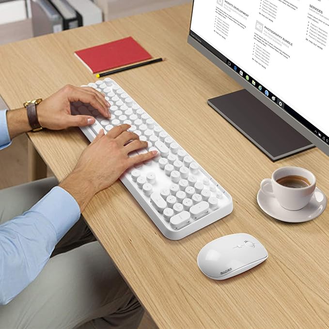 White Retro Typewriter Keyboard and Mouse Wireless Combo Cute Wireless Keyboard with Retro Round Keycaps2.4Ghz Full Szie Creamy Clicky &amp Satisfying Typing Keyboard&amp3 DPI Mouse for PC Laptop