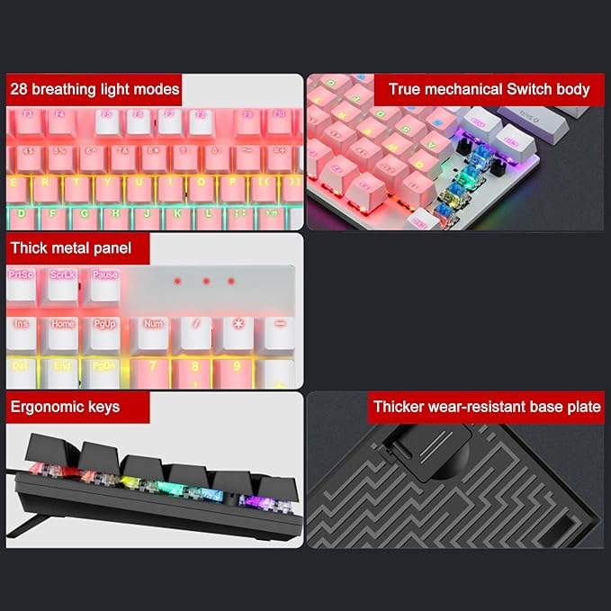 RGB Backlit 104 Keys Mechanical Gaming Keyboard USB Wired Computer Keyboard 28 Backlight Modes for Windows 2000 for Vista (Pink and White)