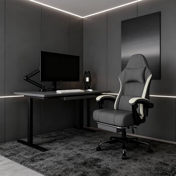 Gaming Chair High Back Fabric Computer Chair with Pocketed Spring Cushion and Footrest Height Adjustable Game Chair with Headrest and Lumbar Support (Beige &amp Gray)