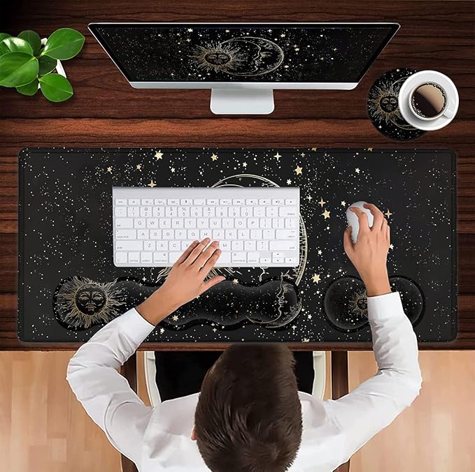 JVGFYNKL Extended Large Mouse Pad+Keyboard Wrist Rest Support  Ergonomic Memory Foam Wrist Rest Easy Typing 4Pcs Desk Pad Set for Home Office Sun Moon Star Pattern XXL Gaming Black Desk Mat