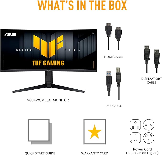 ASUS TUF Gaming 34” 1440P Ultrawide Curved Monitor (VG34WQML5A) - 250Hz 0.5ms FastIPS FreeSync Premium Extreme Low Motion Blur DisplayHDR400 95% DCI-P3 DisplayWidget Gaming AI 3 yr Warranty