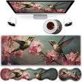 4 in 1 Mouse Pad Combo Large Gaming Mouse Pad + Keyboard Wrist Support + Mouse Wrist Rest + Coaster Table Pad 31.5 x 11.8 with Memory Foam Ergonomic Wrist Pad Set Hummingbird Flowers
