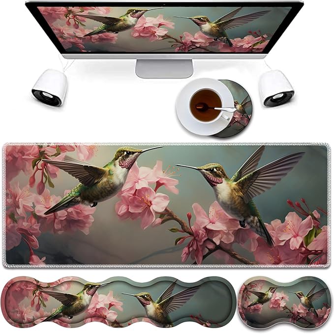 4 in 1 Mouse Pad Combo Large Gaming Mouse Pad + Keyboard Wrist Support + Mouse Wrist Rest + Coaster Table Pad 31.5 x 11.8 with Memory Foam Ergonomic Wrist Pad Set Hummingbird Flowers