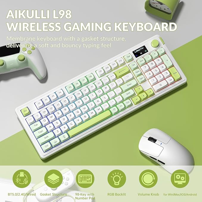 L98 Wireless Gaming Keyboard Green Cute Creamy Keyboard with Number Pad Tri-Mode BT5.0/2.4GHz/USB-C RGB Backlit Quiet Office Computer Keyboards for PC Mac Laptop (Green White)