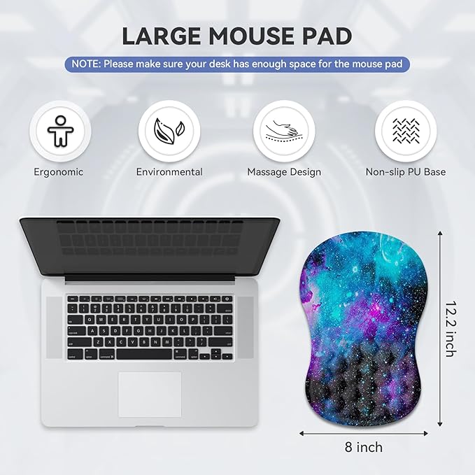 AIMSA Upgraded Wrist Rest Support Mouse Pad Ergonomic Mousepad Massage Memory Foam Design Pain Relief Comfortable Wrist Cushion Mat Non-Slip PU Base for Home Office Galaxy Nebula Universe