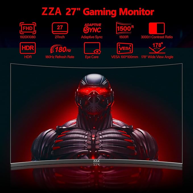 ZZA 27 Inch Curved Gaming Monitor 200Hz|180Hz|144HZ 1ms FHD 1080P Computer Screen FreeSync|130% sRGB|HDR|Low Blue Light|HDMI DP Ports|VESA Mount|Metal Stand
