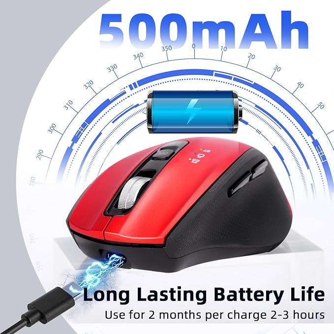 Wireless Bluetooth Mouse with USB A USB C Receiver Rechargeable Multi Device Mouse Silent Ergonomic Full Size Portable for iPad/MacBook/PC/Computer/Laptop-Red