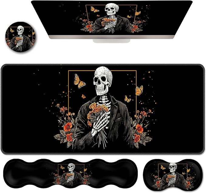 Ergonomic Keyboard Wrist Rest &amp Mouse Pad Wrist Rest SetXL Gaming Desk Mat 31.5x 11.8Non-Slip BaseMemory FoamEasy Typing Pain Relief for Office &amp HomeSkull with Orange Flowers
