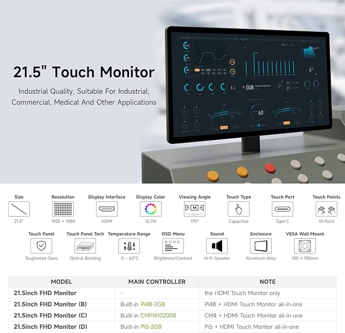 waveshare 21.5inch Capacitive Touch Monitor 1080×1920 Full HD Compatible with Raspberry Pi/Jetson Nano/PC-Monitor Only