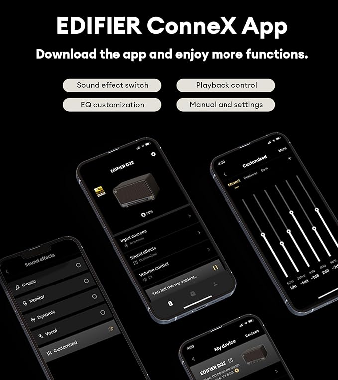Edifier D32 Tabletop Wireless Speaker Hi-Res Audio LDAC ALAC 60W (RMS) 2.1 Acoustic Architecture 11h Playtime APP Control Bluetooth 5.3 AirPlay2 USB-C and AUX Inputs Black Walnut