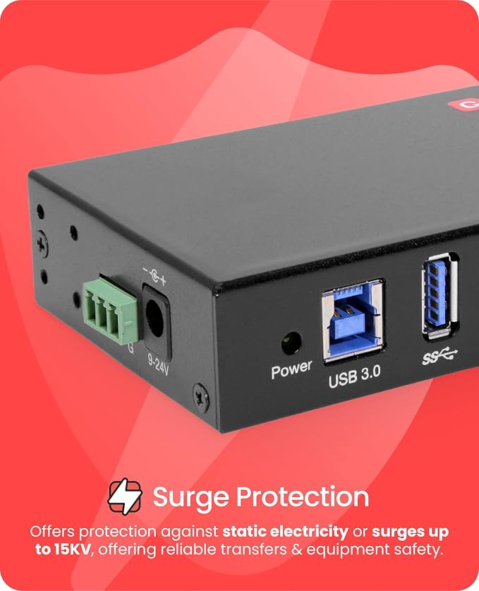 Gearmo 7 Port USB 3.0 Hub w/Surge Protection Rugged Metal Enclosure Ready to Mount on DIN Rail or Wall Compatible with Windows 7/8/10/11 MacOS &amp Linux