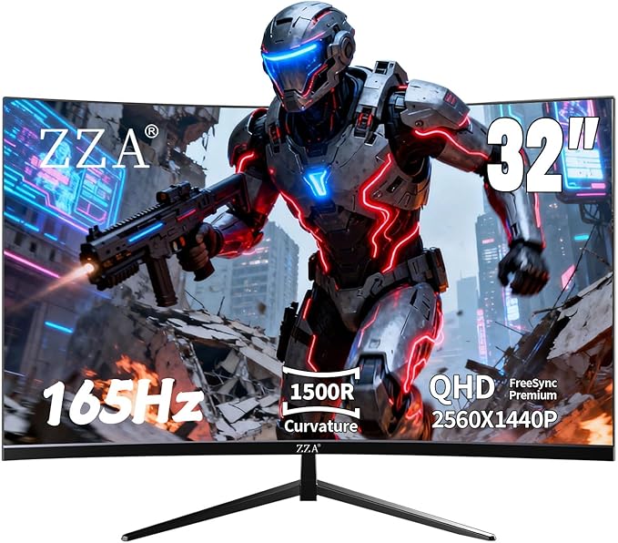 ZZA 32 Inch Curved Gaming Monitor 165Hz QHD 2560x1440 PC Monitor HDMI DP1.4 1500R 1ms MPRT HDR Metal Stand VESA Compatible (DP Cable Incl.)