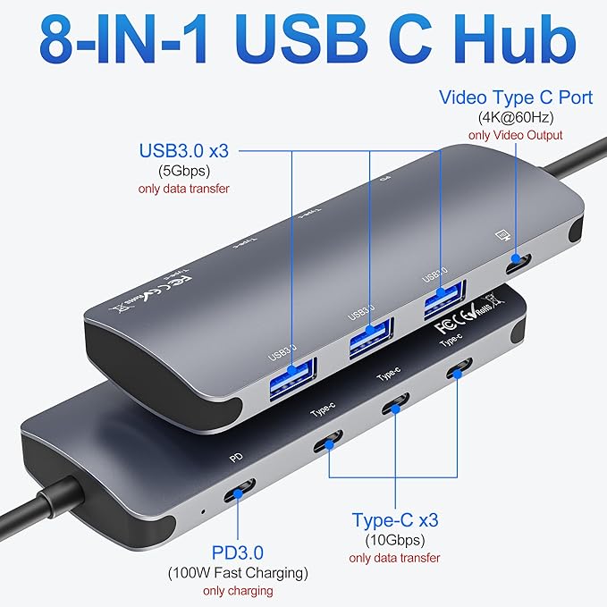 USB C Hub 10Gbps USB C Splitter with 4K@60Hz Video Output 100W Power Delivery Charging Data Transfer USB4 Hub Multiport Adapter for MacBook Pro/Air iPad Pro Mac mini and More Type C Devices