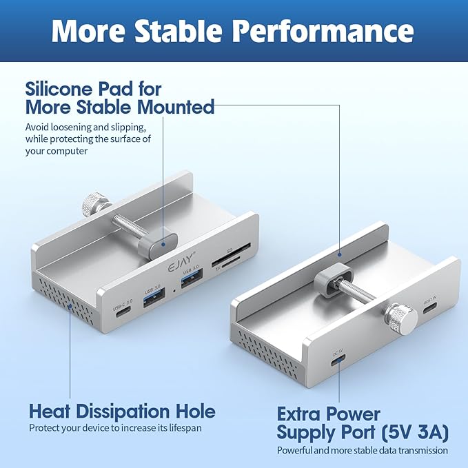 EJAY 5Ports USB3.0 HUB Alu Splitter Desktop Docking with Card Reader for Desk/Monitor Clipping with Extra Power Supply Port59inches Data &amp 39inches Power Cable-5Gbps(Silver)