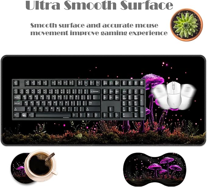 Ergonomic Keyboard Wrist Rest &amp Mouse Pad Wrist Rest SetXL Gaming Desk Mat 31.5x 11.8Non-Slip BaseMemory FoamEasy Typing Pain Relief for Office &amp HomeNeon Purple Mushrooms