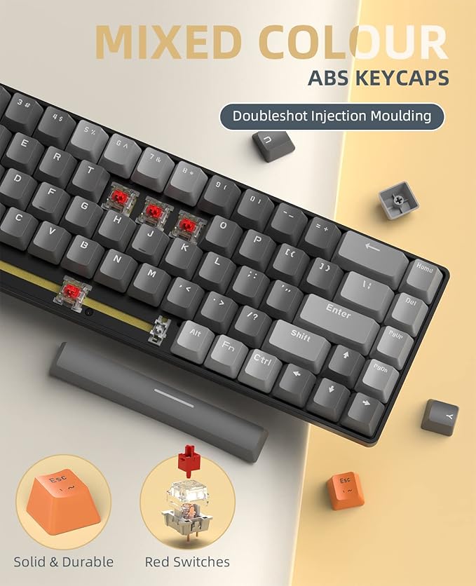 ZIYOU LANG RK68 60% Wireless Mechanical Keyboard Bluetooth 5.0/2.4Ghz Dual Mode 2-in-1 USB-C Receiver Mini Mechanical Keyboard Hot Swappable Red Switch Gaming Keyboard for PC/MAC/Laptops