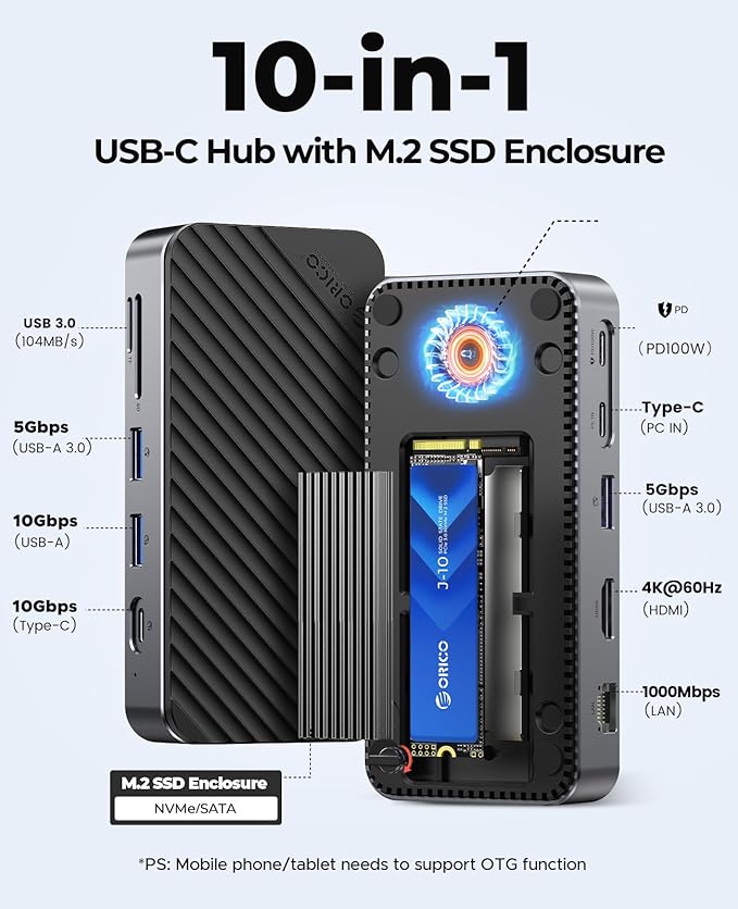 ORICO 10-in-1 USB C HUB with SSD Enclosure Built-in Cooling Fan with NVMe/SATA HDMI 4K@60Hz10Gbps/5Gbps USBA/C Gigabit Ethernet SD/TF 3.0 Ports Compatible with Windows/Mac/Dell/HP