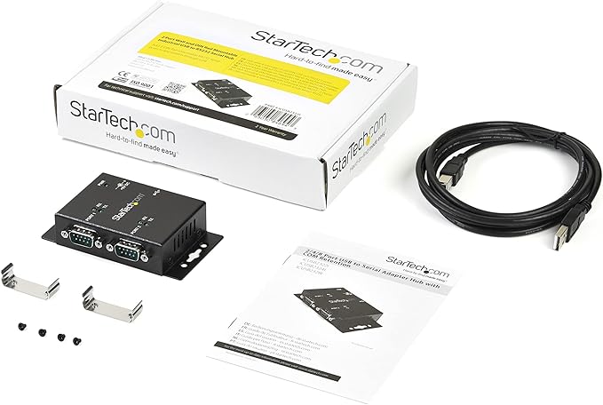 StarTech USB to Serial Adapter - 2 Port - Wall Mount - Din Rail Clips - Industrial - COM Port Retention - FTDI - DB9 TAA (ICUSB2322I)
