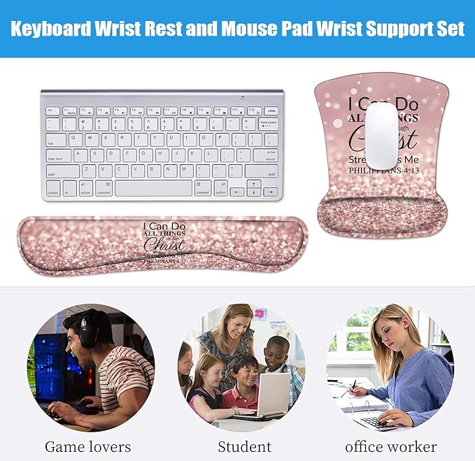 Keyboard Wrist Rest and Mouse Wrist Rest Pad Set with Coasters Ergonomic Support Non-Slip PU Base Easy Typing and Relieve Wrist Pain for Home Office Working Studying Bible Verse Philippians 4:13