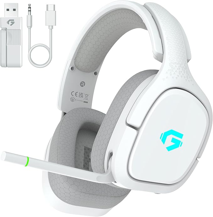 2.4GHz Wireless Gaming Headsets for PS5 PS4 PC Switch - Bluetooth 5.4 Gaming Headphones with Noise Canceling Mic Low Latency Connection 3D Immersive Surround Sound 30H Battery White