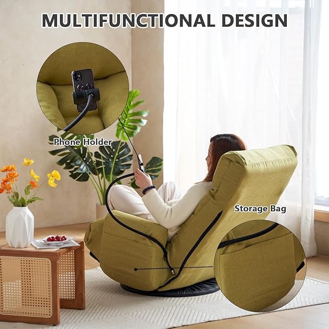 360-Degree Swivel Floor Chair with 5-Position Folding Design Adjustable Headrest Waist Support Armrests and Phone Holder for Living Room (Green+Fine Linen)