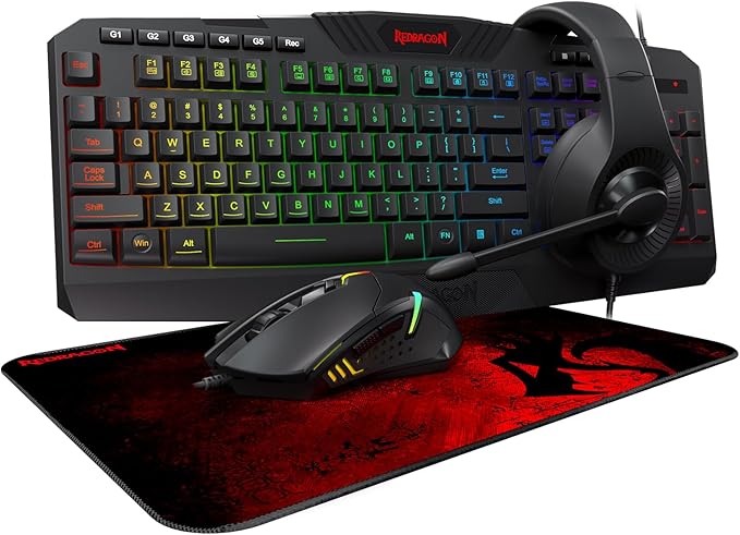 Redragon S101-3 Wired RGB Backlit Gaming Keyboard and Mouse Combo Programmable Keyboard and Mouse (800-7200DPI) Gaming Headset Mouse Pad Combo All in 1 PC Gamer Bundle for Windows PC (Black)