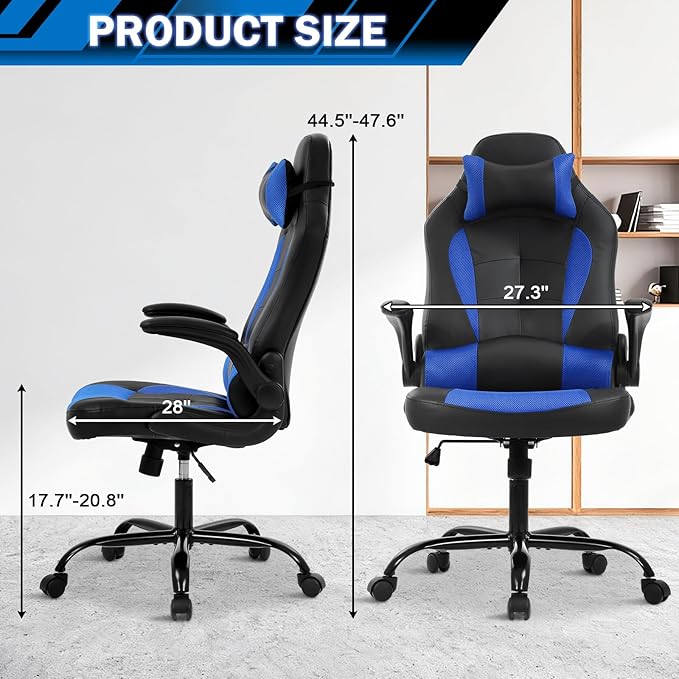 Gaming Chair Racing Chair with Lumbar Support - High Comfort PU Leather Ergonomic Office Desk &amp PC Gaming Chair for Adults Men Women - Flip-Up Arms &amp Headrest Blue