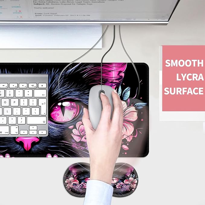 Mouse PadLarge Desk Mat Set 4in1 XL Mousepad + Keyboard Wrist Rest+Mouse Wrist Rest+Coaster with Ergonomic Desk Pad for Home Office Table Computer Cover -Cat with Pink Eyes and Flowers