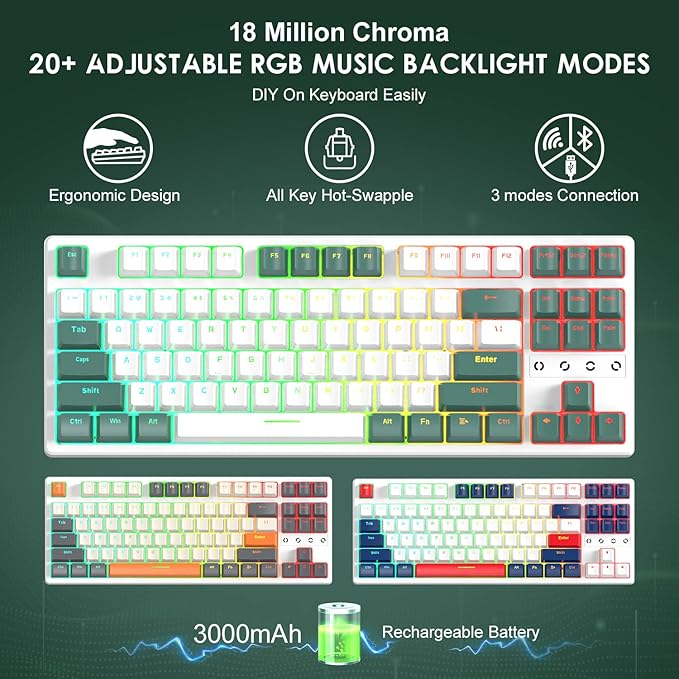ATTACK SHARK K87 Gaming Keyboard Wireless TKL Mechanical Keyboard2.4G/BT 5.0/Wired Coiled Keyboard CableHot Swappable Tactile SwitchChroma RGB3000 mAh Rechargeable Battery for Windows Mac