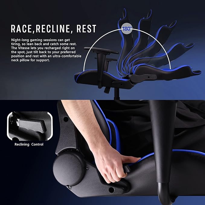 PUKAMI Gaming Chair High Back Gaming Chair for Teens Ergonomic Racing Chair Computer Desk Chair with Massage Lumbar Support and Headrest Girl Gamer Chair with Height Adjustable (Blue)