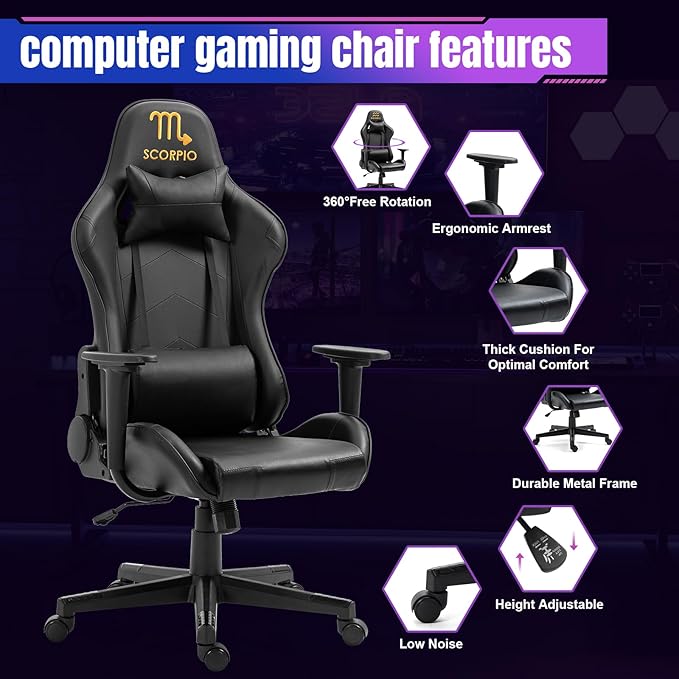 DIKEP Gaming Chair with Headrest and Lumbar Support Height Adjustable Swivel Office Chair High-Back Recliner Black