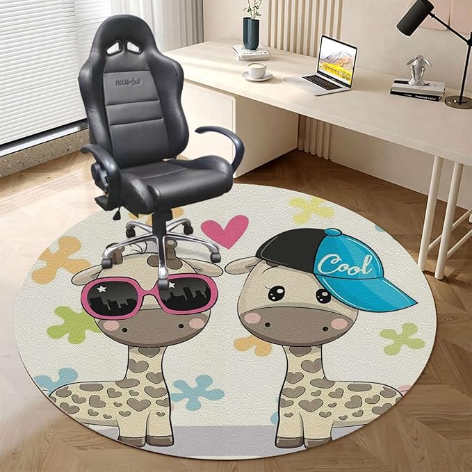 Multicolor Office Gaming Rolling Floor Mat Cartoon Romantic Couple Giraffes Multi-Purpose Computer Desk Chair Mat for Gaming Large Anti-Slip Floor Protector for Home Office Animal Diameter 39.4 in