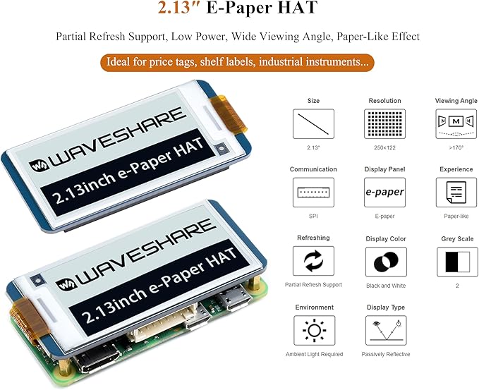 2.13inch E-Ink Display HAT V4 Version Compatible with Raspberry Pi 5/ 4B/3B+/3B/2B/A+/Zero W/Zero 2 W/Pico W/Pico 2WJetson Nano 250x122 Pixel e-Paper HAT SPI Interface Support Partial Refresh