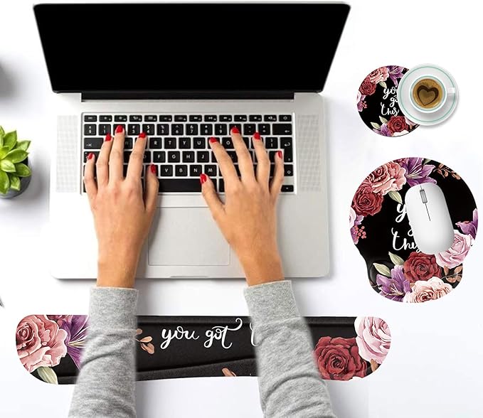 Keyboard Wrist Rest and Mouse Pad Wrist Support Set with CoastersErgonomic Gaming Mousepad for Home Office Working Studying Easy Typing &amp Pain ReliefYou Got This Adorable Peony Flower