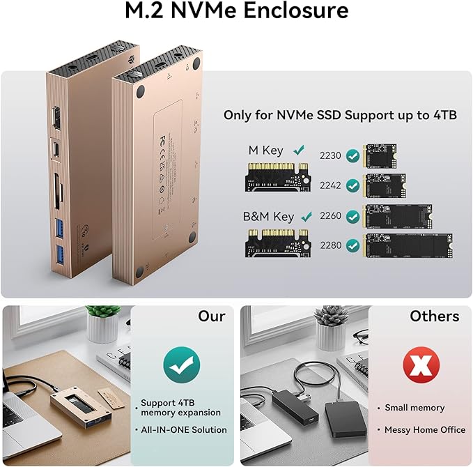 Yottamaster Aluminum USB C Hub with M.2 NVMe SSD Enclosure 10-in-1 USB C Docking Station 10Gbps for NVMe PCI-E M.2 SSD Support 100W Charging 4K HDMI RJ45 4 USB Ports Audio SD/TF Card Reader