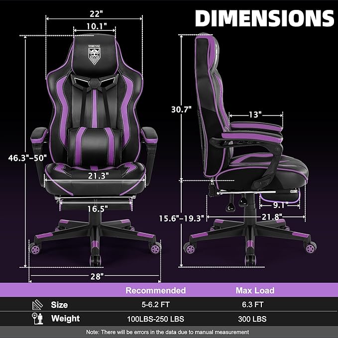 Vonesse Purple Gaming Chair with Footrest Reclining Computer Gaming Chairs for Adults Ergonomic Gamer Chair with Massage Big and Tall PC Game Chair(Purple/Black)