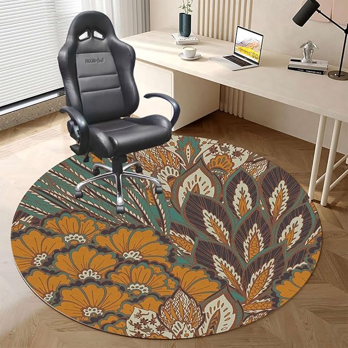 Blue Pale Coffee PU Leather Chair Mat for Hard Floors Nature Floral Branches Pattern Flowers Floor Mats Wood/Tile Protection Mat for Office &amp Home Paisley Diameter 47.2 in