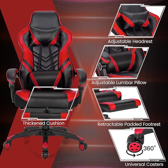 Goplus Gaming Chair Computer Chair with Footrest and Lumbar Support Height Adjustable Executive Swivel Rolling Task Chair with 90°-155° Tilt Function (Red)
