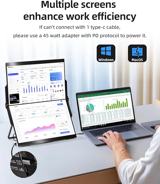 Ingnok 15.6 Dual Monitor FHD 1080P 100% sRGB Laptop Screen Extender for Windows Mac with 4 Speakers 2 HDMI USB C Ports for Office Gaming Triple Monitor