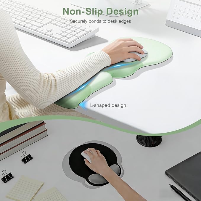 Ospelelf Mouse Pad with Wrist Rest Set Foam L-Shaped Desk Elbow Pad Ergonomic Desk Edge Cushion Anti-Slip Rubber Bottom Office Women Desk Accessories for Computer Laptop and Gaming Light Green