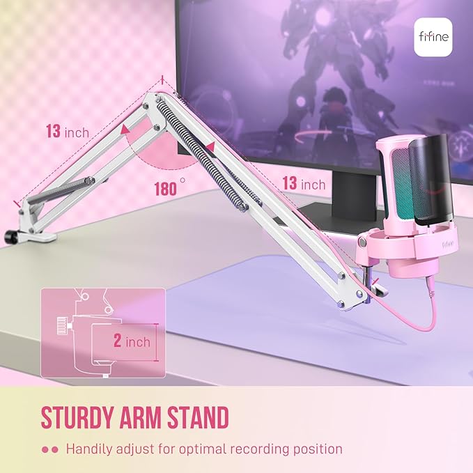 FIFINE USB Streaming Microphone with Boom Arm Gaming Mic Kit for PC PS4/PS5 Podcast Microphone for Podcast with RGB Control Mute Button Gain Knob Headphones Jack Pop Filter-A8T Pink