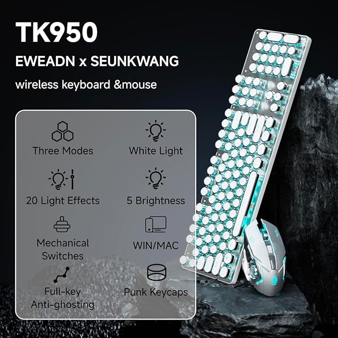 EWEADN TK950 Typewriter Mechanical Keyboard and Mouse 104 Keys Aesthetic Typewriter Keyboard Mouse Combo with Blue Backlit Anti-Ghosting Blue Switch Bluetooth/2.4GHz/Wired Cute Keyboards-White