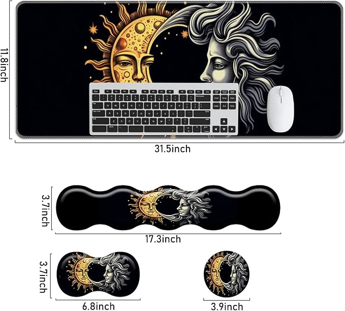 Keyboard Mouse Pad SetLarge Mouse Pad+Keyboard Wrist Rest+Wrist Support+Coaster31.5x11.8in Extended Desk Mat for Computer Laptop Office Home-Sun Moon