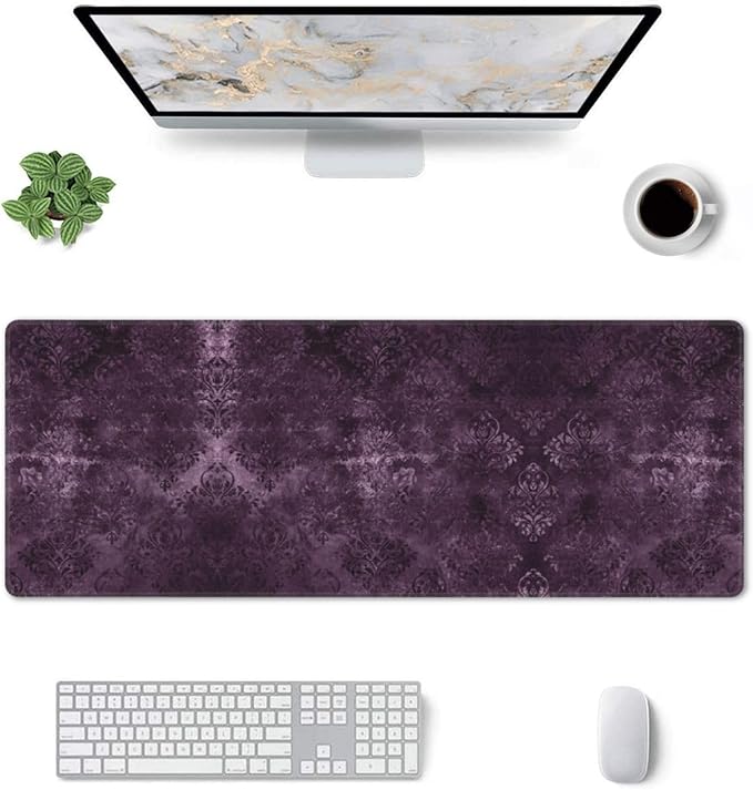 Eggplant Velvet Damask Plum Purple Floral Large Mouse Pad 31.5x12 Inch Gaming Desk Mat XXL Non-Slip Rubber Base Computer Pad with Durable Stitched Edges for Work and Play