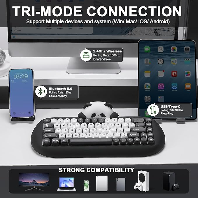 YUNZII C68 Panda Wireless Mechanical Gaming Keyboard 68 Keys Cute Layout with PBT KeycapsRGB Backlit Hot SwappableCreamy SwitchesBT5.0/2.4G/Wired for Win/Mac(BlackPanda Switch)