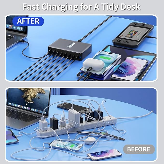 500W USB C Fast Charging Station Hub 8 Port HUB Fast Charging Brick for Multiple DevicesPD PPS 100W Wall Charger Compatible with MacBook Pro/Air/All iPad iPhone 16/15 for HP Dell Lenovo Acer Laptop